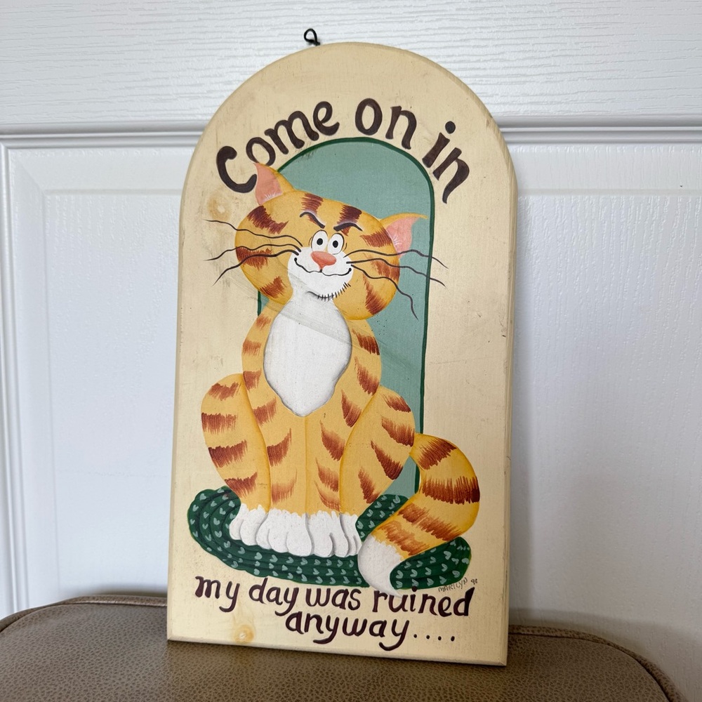 Vintage 90’s Wooden “Come On In” Welcome Cat Sign Funny Handpainted Signed